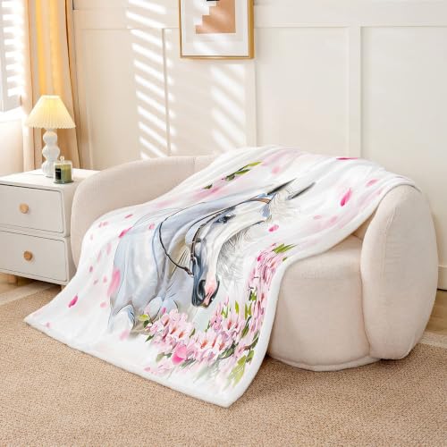 Feelyou White Horse Sherpa Throw Blanket 30"x40" Boys Girls Gift
