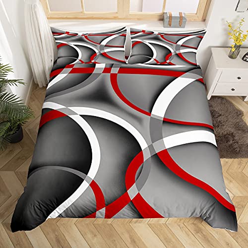 Modern Geometric Lines Duvet Cover King Size For Boys Women Men Gray Black Red Swirls Bedding Set Retro Lines Comforter Cover Modern Abstract Bedspread Cover With 2 Pillow Shams Microfiber Quilt Cover #TOP27
