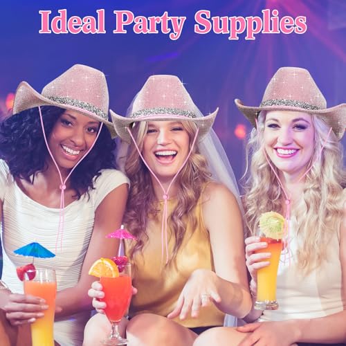 Image of Coume 12 Pcs Sparkly Adults Cowboy Hat and Bandanas Women Men Western Glitter Cowgirl Party Hats with Adjustable Drawstring