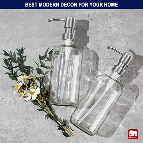 Gmisun Clear Glass Soap Dispenser, 2 Pack Thick Hand And Dish Soap Dispenser Set With Silver Stainless Steel Pump, 16 Oz Refillable Liquid Soap Bottle, Modern Empty Bottles For Kitchen & Bathroom #TOP5