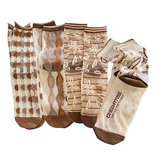Yomutiur Womens Sheer Socks, Summer Transparent Thin Mesh Lace Elastic Jacquard Socks Crystal Glass Silk Short Stockings