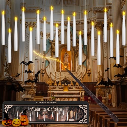 Halloween Decor Floating Candles With Wand, 20pcs Magic Hanging Candles With Remote,6.9IN Flameless Taper Led Candles Battery Operated Floating Window Candles,Decor for Christmas/Wedding/Halloween
