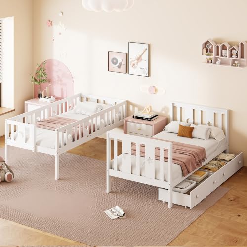 Etagenbett Kinderbett 90x200 cm, Kinderbett Hochbett mit 2 Stauraum Schubladen und Treppe Stauraum, Kinderbetten Funktionsbett Etagenbett Stockbett Kinderhochbett Jugendhochbett fur 2 Kinder, Weiß – Bild 5
