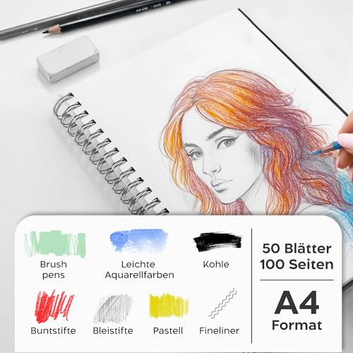 Zenacolor A4 Skizzenbuch – 200g/m² Dickes Skizzenpapier, 100 Seiten / 50 Blatt – Skizzenblock Hardcover & Spiralgebunden – Zeichenblock für Skizzen, Illustrationen & Porträts