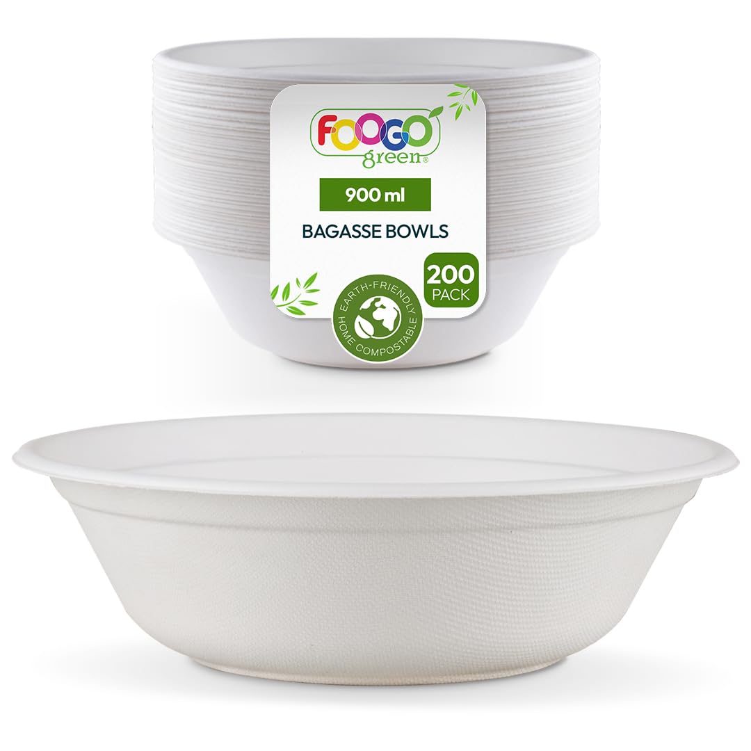FOOGO Green 200 Disposable Sugarcane Bagasse Bowls, Large 32oz (900ml), 8"(20cm), for Soup, Desserts & Salad, Deep Round, Sturdy Paper Bowls for Hot Food, Eco Friendly Biodegradable, Bamboo, Party