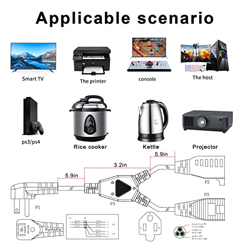 Power Cord Extension Y Splitter - 1 To 2 Way Outlet Adapter Nema 5-15P 90-Degree Flat Plug To 2 X Nema 5-15R With Sjt 16Awg 3-Prong Cable Wire Extender Space Saver For Kitchen Home Office #TOP4
