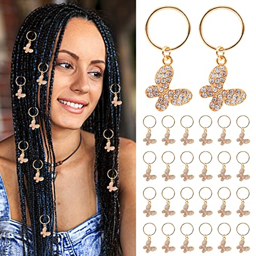 24Pcs Butterfly Hair Clips Dreadlock Accessories- Gold Dreadlock Charms Accessories- Butterfly Barid Clips with Shiny Rhinestones- Gold Hair Accessories for Women Girls Braids Party