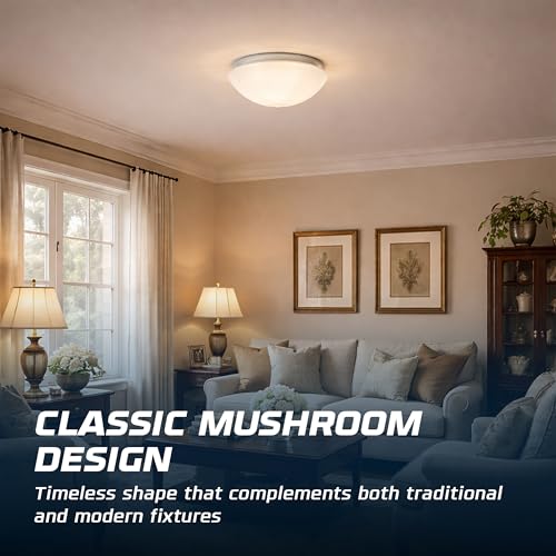 OHLECTRIC 12" White Mushroom Ceiling Light Fixture, Frosted Glass Flush Mount with (2) 18W GU24 CFL Bulbs Included, 12" Diameter, Utility Style, Damp Rated Indoor Ceiling Lamp for Hallway & Bedroom by OHLECTRIC - Used condition - Image 3