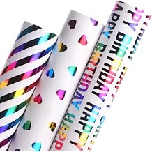 Ribbli Birthday Wrapping Paper Iridescent Gift Wrap Mini Roll, 3 Rolls Happy Birthday Heart Stripes Printed for Girls Kids - 17 inch x 120 inch10feet Per Roll