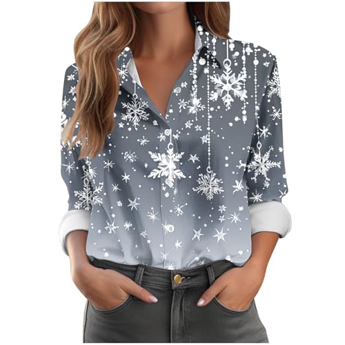 Christmas Jumpers for Women Long Sleeve Santa Claus Xmas Tree Snowflake Shirts UK Ladies Button Novelty Graphic Christmas Blouses Funny Printed Sweatshirts Casual Holiday Tops 5XL