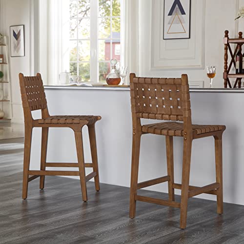 Ball & Cast Kitchen Island Bar Stool Faux Leather Woven Counter Stool With Wood Frame, 24 Inch Seat Height, Brown #TOP29
