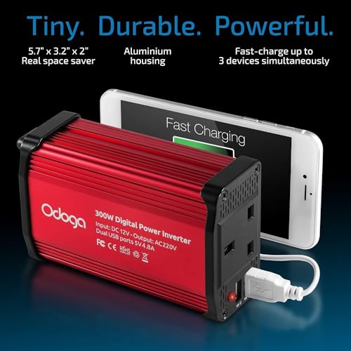 Odoga 300W Car Power Inverter 12V to 240V / 230V Converter, Dual USB 4.8A Charging Ports - Charge Your Laptop, iPad, iPhone, Tablet, Consoles & More - Durable and Powerful - Red Aluminum Body - Image 5
