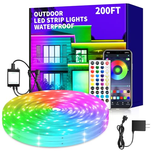 Image of 200ft Outdoor LED Strip Lights Waterproof,IP68 Outside Led Light Strips Waterproof,Color Changing with App /Remote Control,Music Sync RGB Outdoor Led Rope Lights for Bedroom