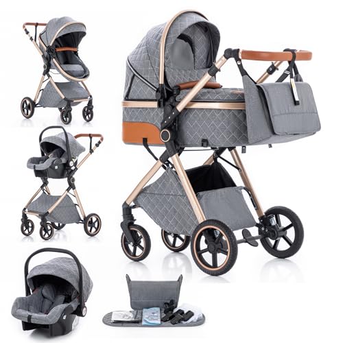 Gcarebb 3 in 1 Kinderwagen Reisesystem, Buggy mit höhenverstellbarem Griff, Reisewagen mit Regenschutz, Baby-Kinderwagen mit Aluminiumrahmen für Neugeborene
