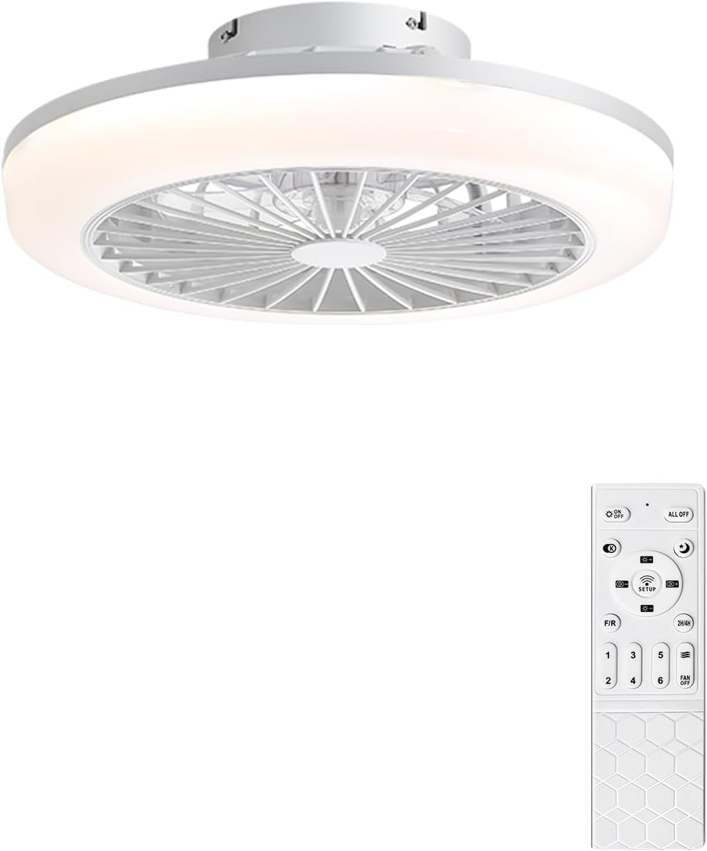 CACI Mall Bladeless Ceiling Fan with Light, Low Profile Flush Mount Modern White Smart Ceiling Fans with Remote, Dimmable LED Ceiling Fan for Bedroom Living Room Kids Room, 18 Inch 18"