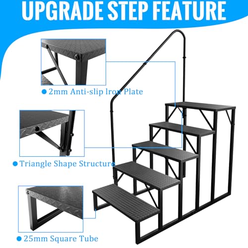 Image of RV Stairs 5 Step, RV Steps Anti-Slip, Hot Tub Steps with Handrail, 660 lbs Hot Tub Steps Step Ladder for 5th Wheel RV, Mobile Home Stairs, REL-0402
