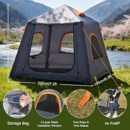 Image of Inflatable Tents for Camping,Easy Blow Up Tent with Hand Pump,4 Seasons Waterproof Air Inflatable Camping Tent House for Family Weekend Camping