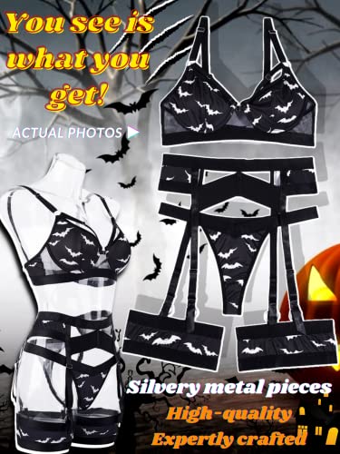 Kaei&Shi Garter Belt Thong Lingerie For Women,Strappy Hollow Out Sexy Lingerie,Underwire Mesh Sheer Matching 4 Piece Lingerie Set Petite Boudoir Halloween Outfits Costumes White Bat Small #TOP3