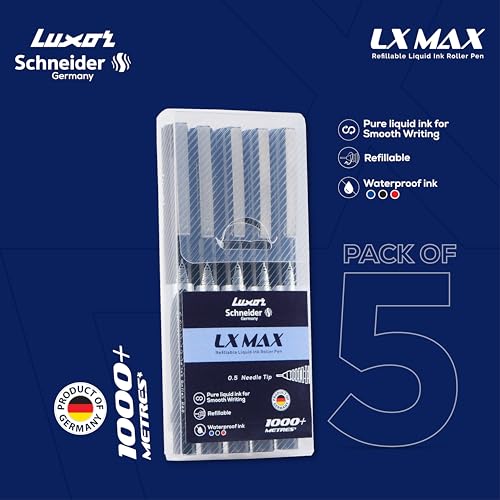 Image of Luxor Schneider, LX MAX roller ball pen, Pack of 5 - Black, Needle Tip, 0.5mm, 100% German Technology, 1000+ mtrs writing length, Waterproof Ink, Ideal for Students & Professionals