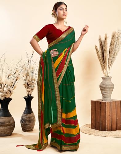 Image of SIRIL Women's Printed Chiffon Saree with Unstitched Blouse Piece