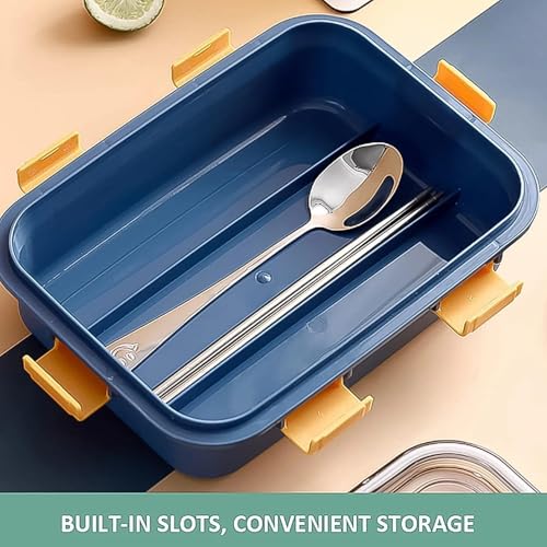 Image of 3 Compartment Transparent Stainless Steel Lunch Box with Spoon and a Pair of Chopsticks | Meal Separation Design Leakproof Airtight BPA-Free Tiffin Box for Office, School & Travel (1 Set)