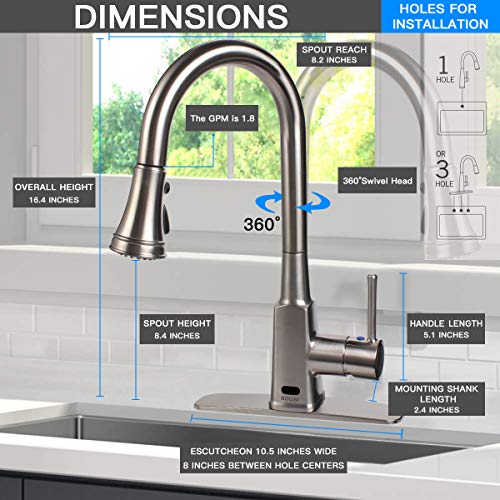 Motion Sensor Automatic Kitchen Faucet Touchless,Soosi Kitchen Faucets With Pull Down Sprayer Single Handle One/3 Hole 3 Setting Touch Kitchen Faucet Brushed Nickel Solid Brass Spot Free, Deck Mount #TOP6