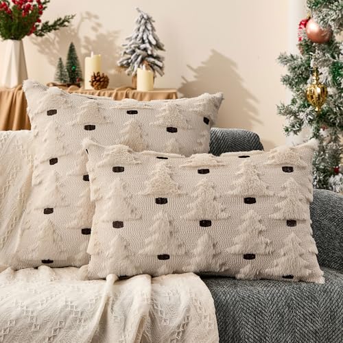 Allorry Christmas Pillow Covers 20x20 inch Set of 2 Christmas Decorations Soft Plush Faux Fur Wool Beige Xmas Tree Throw Pillow Cases Winter Holiday Decor for Sofa Living Room PT-020C20 by Allorry - Used condition - Image 4