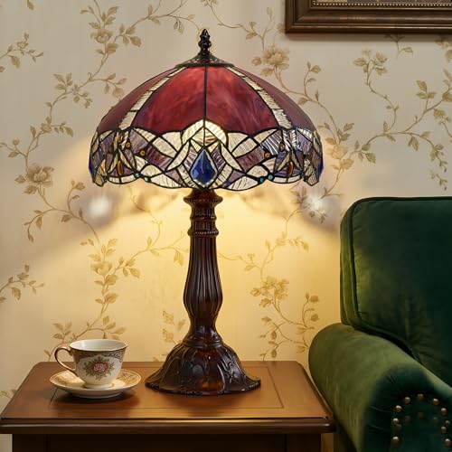 Drqvonth Tiffany Table Lamp 12 Inch Purple Burgundy Stained Glass Desk Lamp