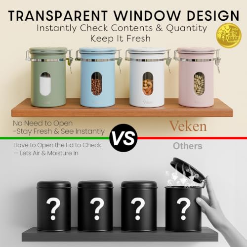 Image of Veken Coffee Canister with Window, Airtight Stainless Steel Container, 22OZ | Date Tracker,Kitchen Food Storage Organizers for Beans, Ground, Espresso, Rice,Tea, Sugar,Cereal, Gifts,Lids,Jars,Scoop, Pink