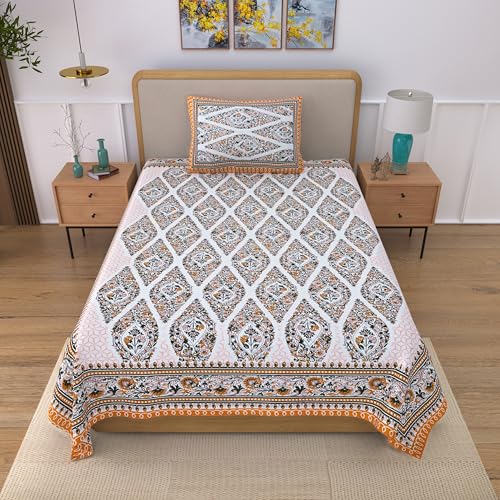 Image of 100% Cotton Single Bedsheet with 1 Pillow Cover | 240 TC Pure Cotton Flat Bed Sheet | Traditional Jaipuri Printed Bedding Set | Soft & Breathable | 60 x 90 Inch (Rangmahal Single 32)