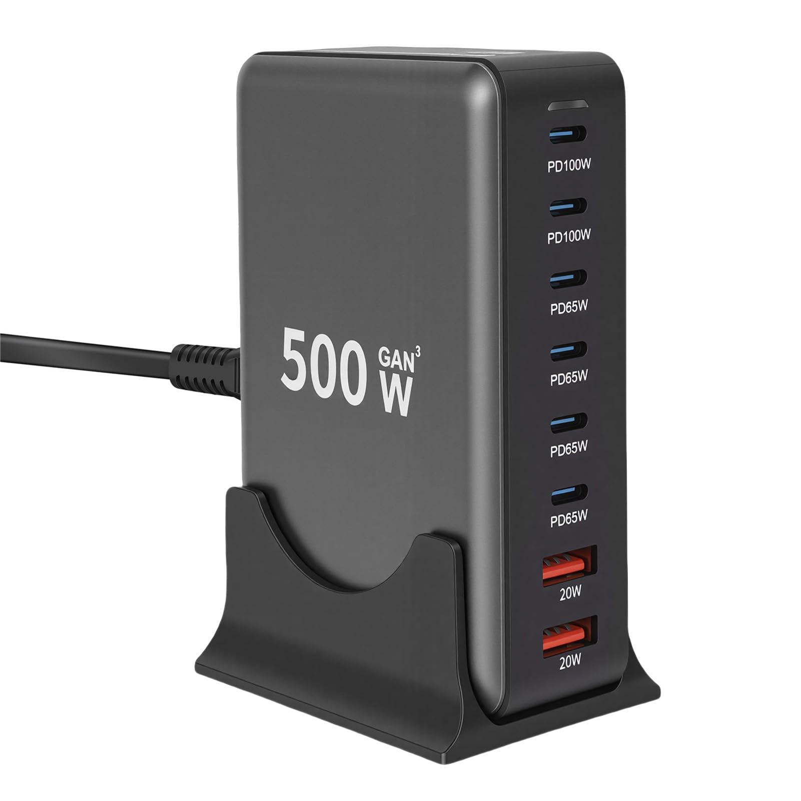 XUMIUZIY Stazione di Ricarica USB, Caricatore Multiplo 8 Porte 500W, per | 6 Porte e 2 USB-A, Ricarica Rapida Laptop 100W PD PPS, Cavo Rimovibile 1,5 M