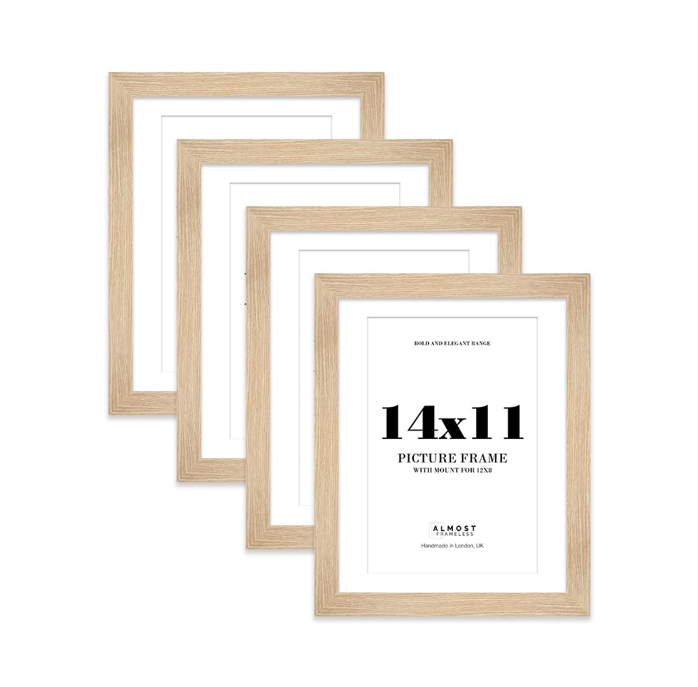 14x11 Oak Frame With Mount for 12x8 Pictures 28mm Edge Portrait and Landscape Display with Wall Hooks and Kickstand, 4 Pack