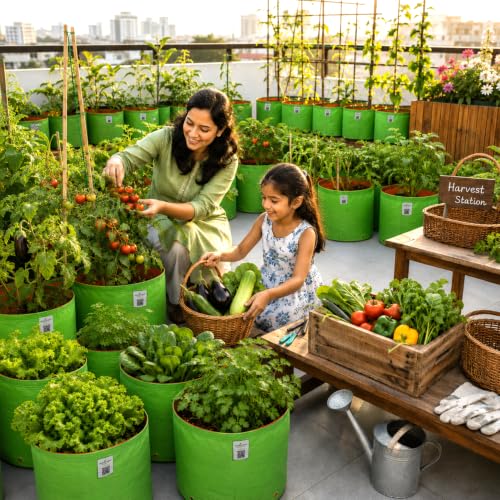 Image of Anandi Green's Premium HDPE Uv Protected 220 GSM Round Shaped Green Colour Plants Grow Bags Suitable for Terrace and Vegetable Gardening (Pack of 8, 9X9 INCH)
