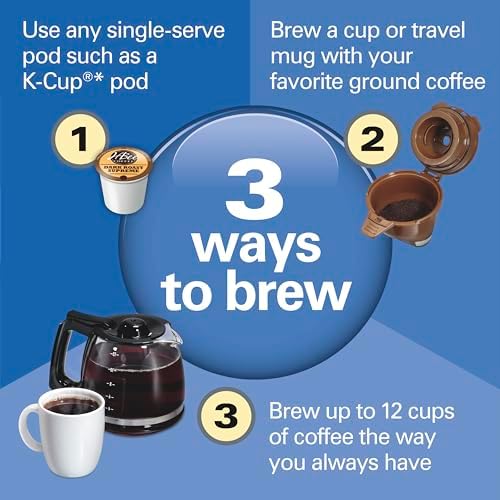 Close-up of the Hamilton Beach FlexBrew Trio Coffee Maker with a mug