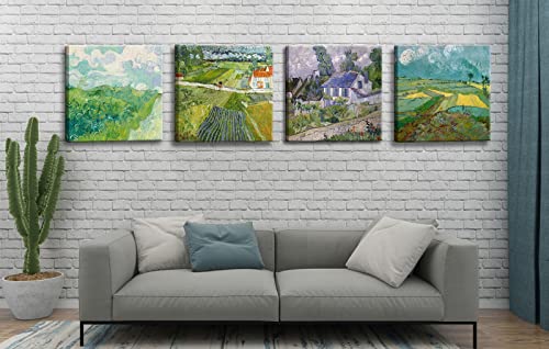 Landscape With A Carriage By Vincent Van Gogh Classic Oil Paintings Artwork, Green Wheat Fields, Houses At Auvers Canvas Wall Art Print For Living Room, Bedroom Office Bathroom Decor - 12"X12" #TOP1