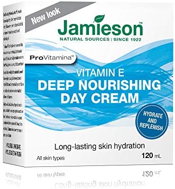 Jamieson ProVitamina Vitamin E Deep Moisturizing Day Cream Skincare, 30,000IU Vitamin E, Moisture Rich, Long-Lasting Hydration and Glow, Improves Skin Texture, and Rejuvenates Damaged Skin. Hypoallergenic, Paraben-Free, Cruelty-Free, All Skin Types, 120 mL, Proudly Canadian