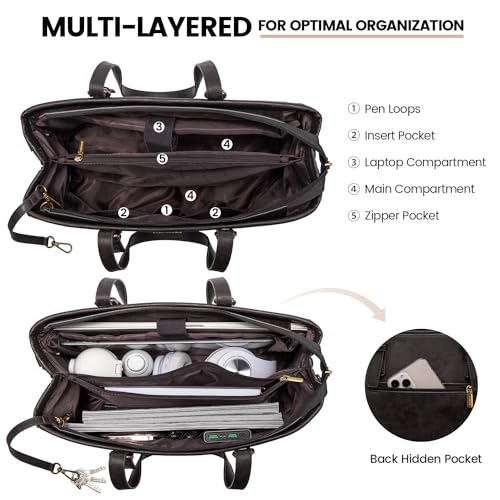 LOVEVOOK Laptop Tote Bag, 15.6 inch Vegan Leather Work Bags for Teacher Commuter Business, Large Waterproof Computer Purse Office Bag, Black Coffee2