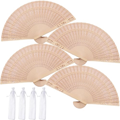 Nasxkji 4 Pcs Wooden Hand Fans Folding Hand Fans Vintage Fully Fragrant Wooden Folding Fan with Organza Bags for Cooling DIY Decoration Wedding Party