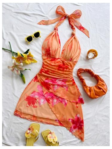 Image of SOLY HUX Women's Y2K Summer Beach Halter Mini Dress | Retro Floral Dress, V Neck, Backless, Club Nightout, Sexy Going Out Clothes, Birthday Dress