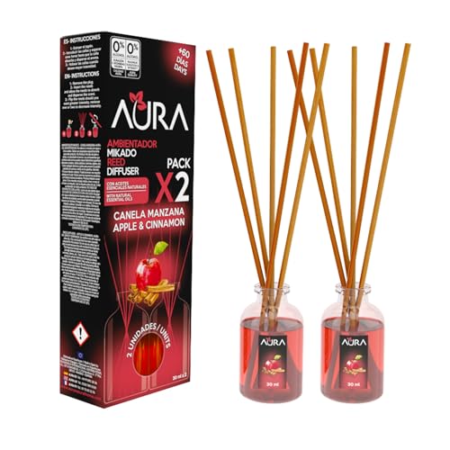 Aura | Pack 2 Ambientador Mikado | 30ml | 100% Puro | Duración 4 Semanas | 2x30ml | 0% Alcohol (Canela y manzana, 2x30ml)