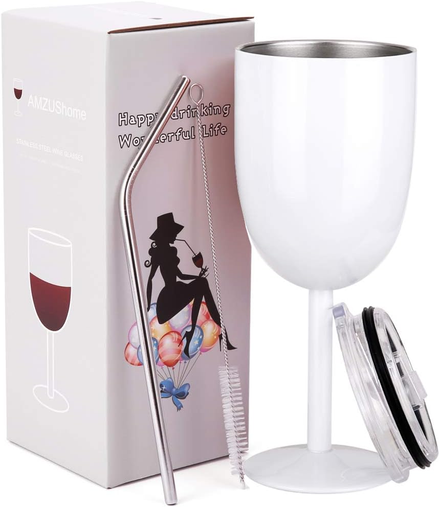 AMZUShome Stainless Steel Wine Glasses Cups.Double Walled Vacuum Insulated Wine Tumbler With Lid and Straw.Friendship,Christmas,Birthday Gifts for Women Men Friends Dad Mom(10oz White)