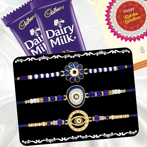 Image of Canton Rakhii With Chocolate Gift Combo, Pack of 3 Designer Rakhi For Brother With Chocolate Gift, Roli & Greeting Card (Design-5, Rakhi With Cadbury)
