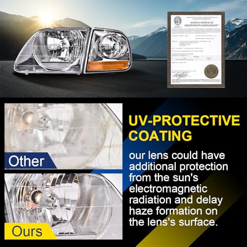 Image of GRAND ORANGE Headlight Assembly Compatible with Ford F150 1997-2003 /Fit Ford F250 97-99 /Fit Ford Expedition 97-02 Headlamps Clear Chrome Amber
