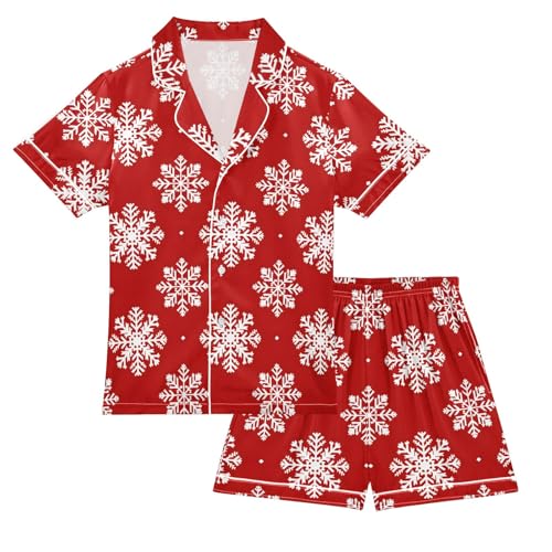 Red Snow Holiday Pattern Summer Satin Pajama Set, Cute Button-Down Sleepwear Pj Set for Sleep Wears