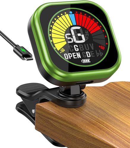 Image of New Bee Guitar Tuner Clip-On Rechargeable with Color Screen 360 Rotatable Acoustic Chromatic Open Tuning for Guitar, Bass, Ukulele, Violin (Green, 1 Pack)