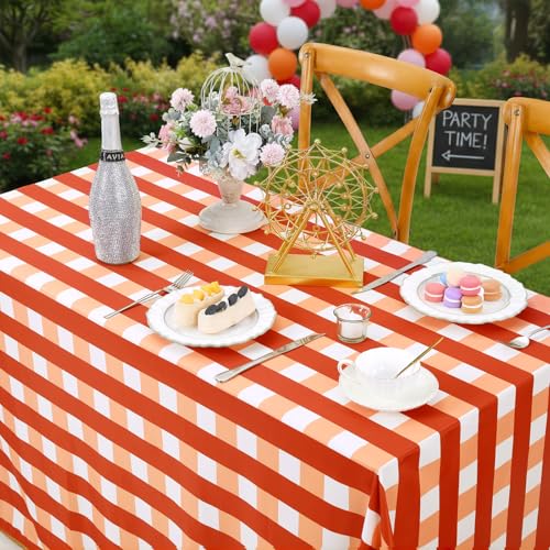 Orange and Red Plaid Rectangle Tablecloth 57x120 Inch Holiday Decoration