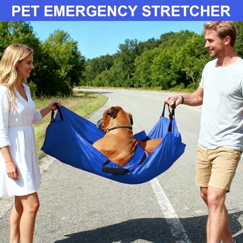 Hundetrage & Tragehilfe für große Hunde bis 60kg, Faltbare Haustiertrage aus Nylon mit 6 Griffen, Anti-Biss-Transportbahre für Notfälle, Reise & Transport für Hunde (120x74cm, Blau)