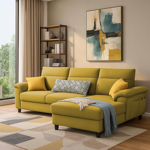 Image of Casaliving Seams RHS 4 Seater L Shape Sofa for Living Room (Yellow Fabric) Premium Fabric Sofa
