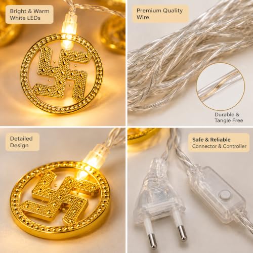 Image of MoonlitDreams 10 Swastik LED String Lights, 3 Meter Golden Metallic Decorative Lights for Diwali Decoration, Home, Mandir & Pooja Room, Festive Ambient Lighting (Plug-in)