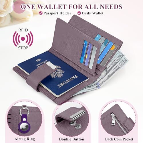 BKNOOU RFID Blocking Passport Holder with Airtag - Leather Travel Passport Wallet for Women, Slim Bifold Travel Passport Holder Holds Cards & Tickets & Cash (Light Purple)3